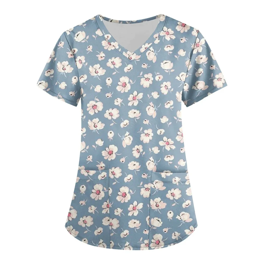 زي زي طبي نسائي مطبوع عليه زهور ورقبة على شكل حرف V وأكمام قصيرة ، زي جيب جراحي ، موضة نسائية ، مرقعة