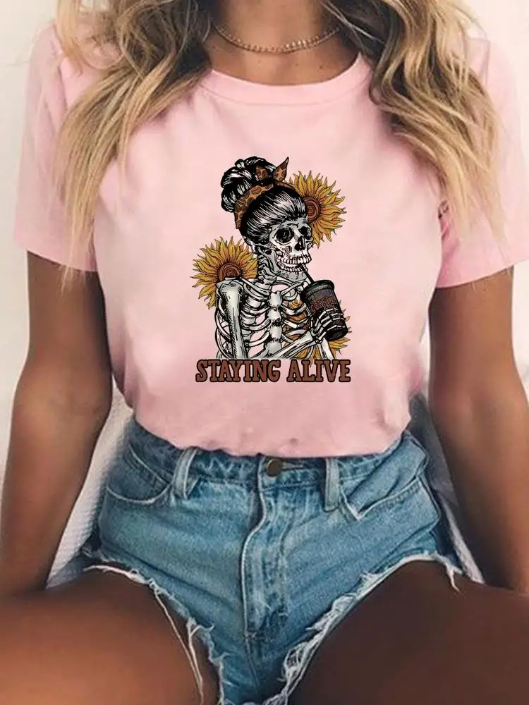 

Women Print T-shirts Ladies Fashion Clothing Coffee Funny Skull Graphic Tee Casual Female Short Sleeve T Clothes