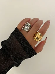Peri'sbox Statement 18K Gold Plated Smooth Irregular Metal Textured Chunky Rings Anti-Tarnish Punk Fashion Party Jewelry Unisex
