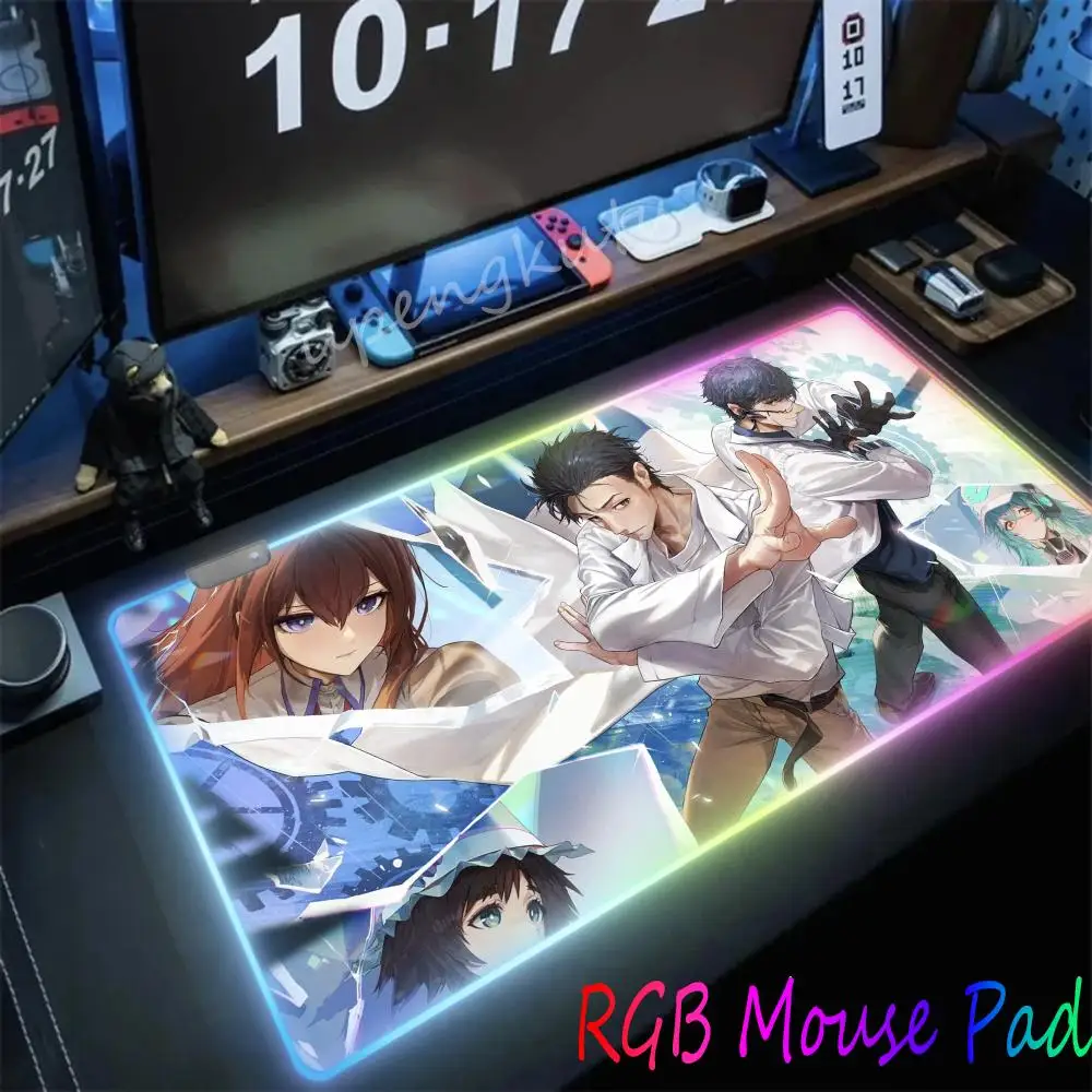 Steins Gate Mouse Pad RGB Large Gaming Computer Keyboard LED Mousepad Office Desks And Laptop Accessories Non Slip HD