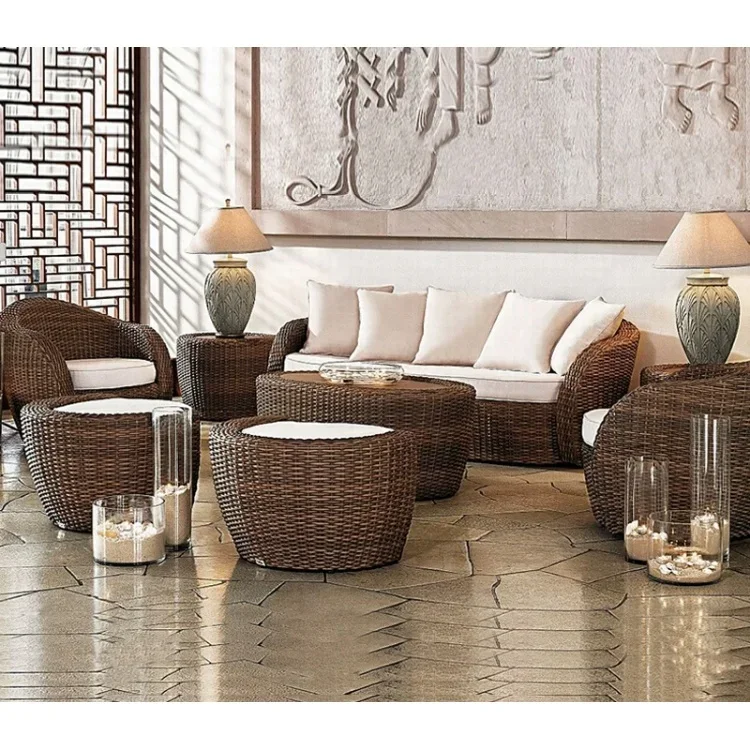 'Modern Outdoor Garden Hotel Sofa Chair Sectional Sofa with Dining Table Outside Leisure Sectional Rattan Patio Table Set