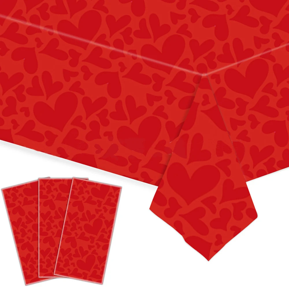 Valentines Day Disposable Tablecloth Red Love Heart Table Cover Plastic Rectangle Desk Cloth Wedding Party Table Decor Supplies