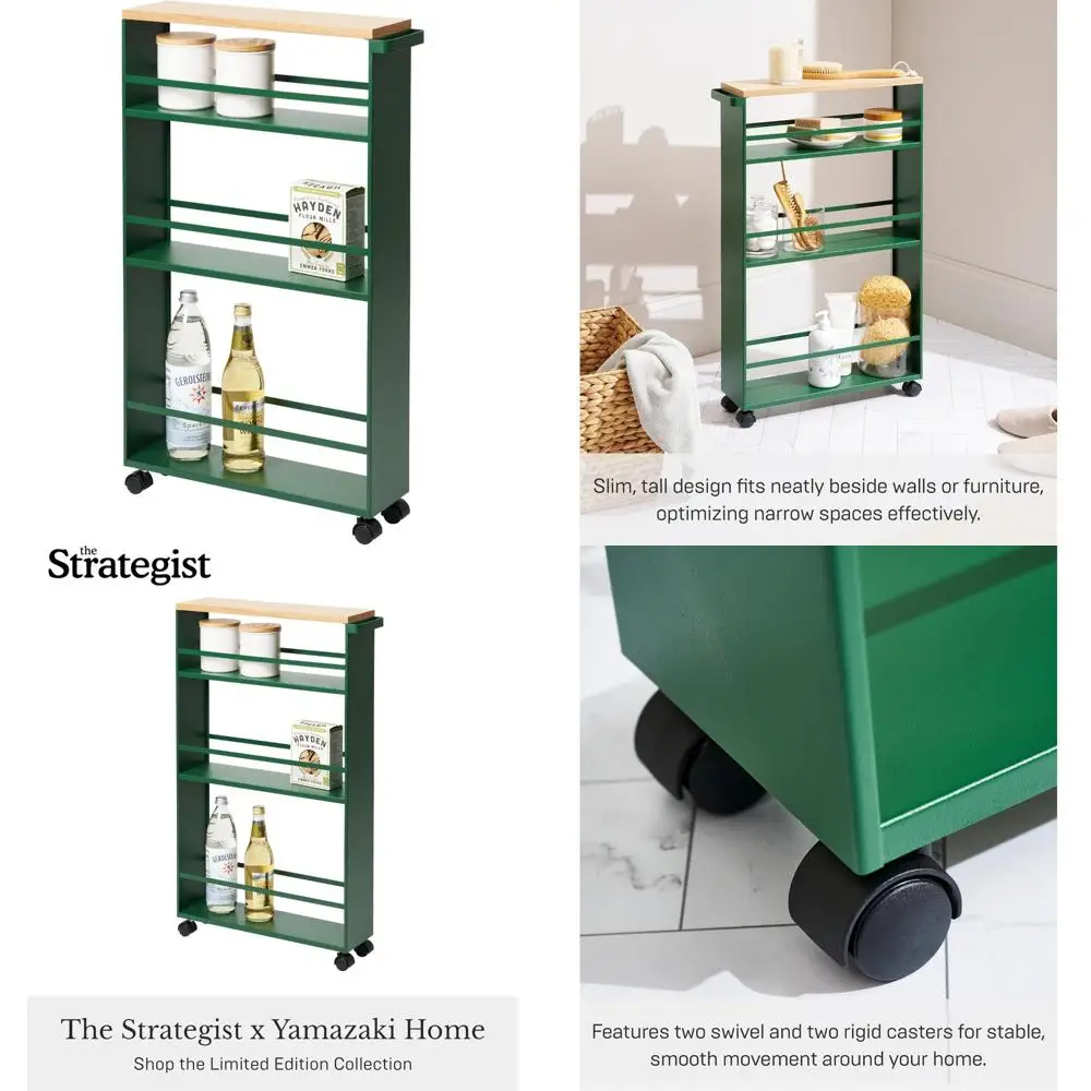 عربة أدوات دوارة من 3 طبقات موفرة للمساحة في المطبخ مع مقبض، فولاذ، أخضر غابة، تصميم نحيف للتخزين الفعال