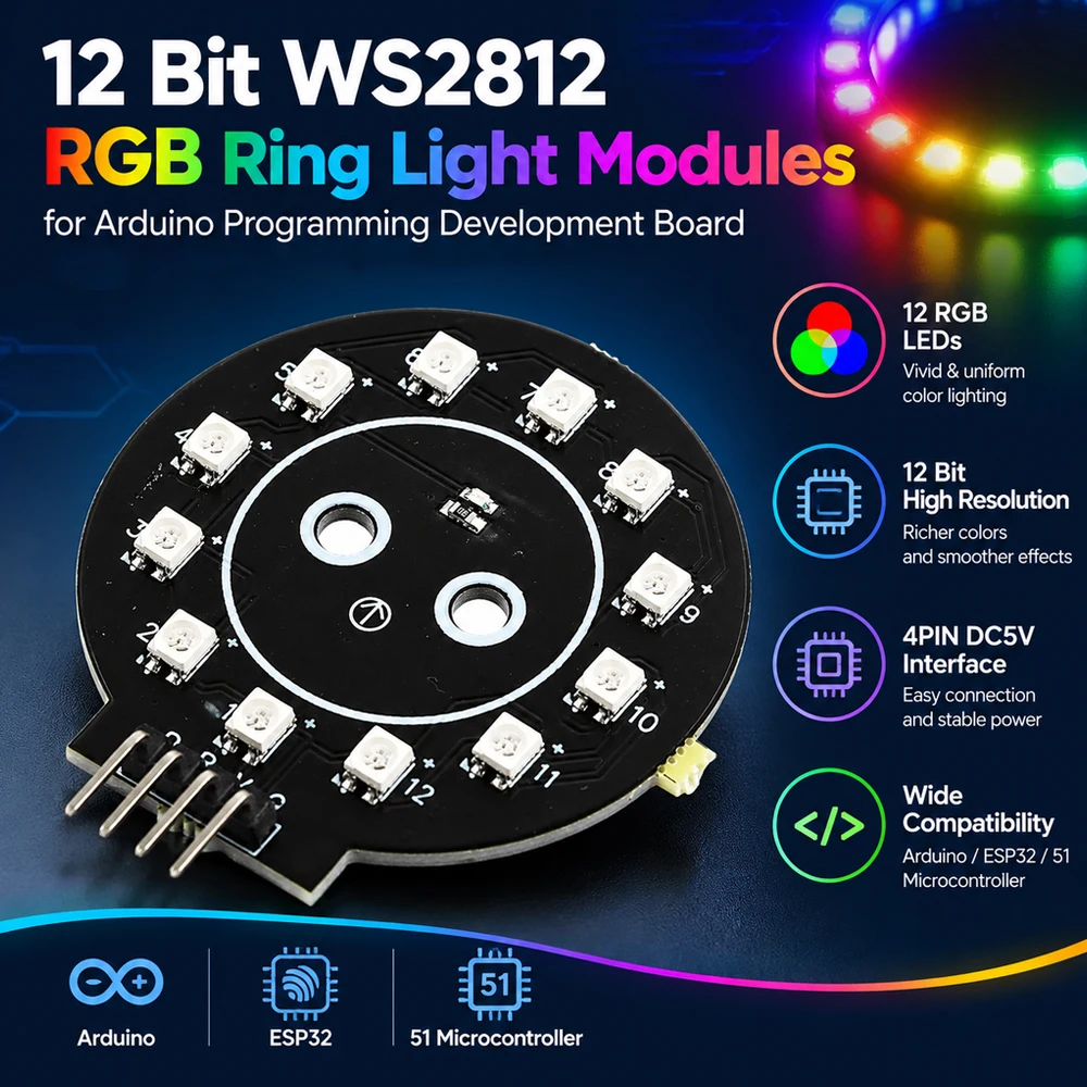 12 Bit WS2812 RGB Ring Light Modules for Arduino Programming Development Board ESP32 51 Microcontroller 4PIN DC5V