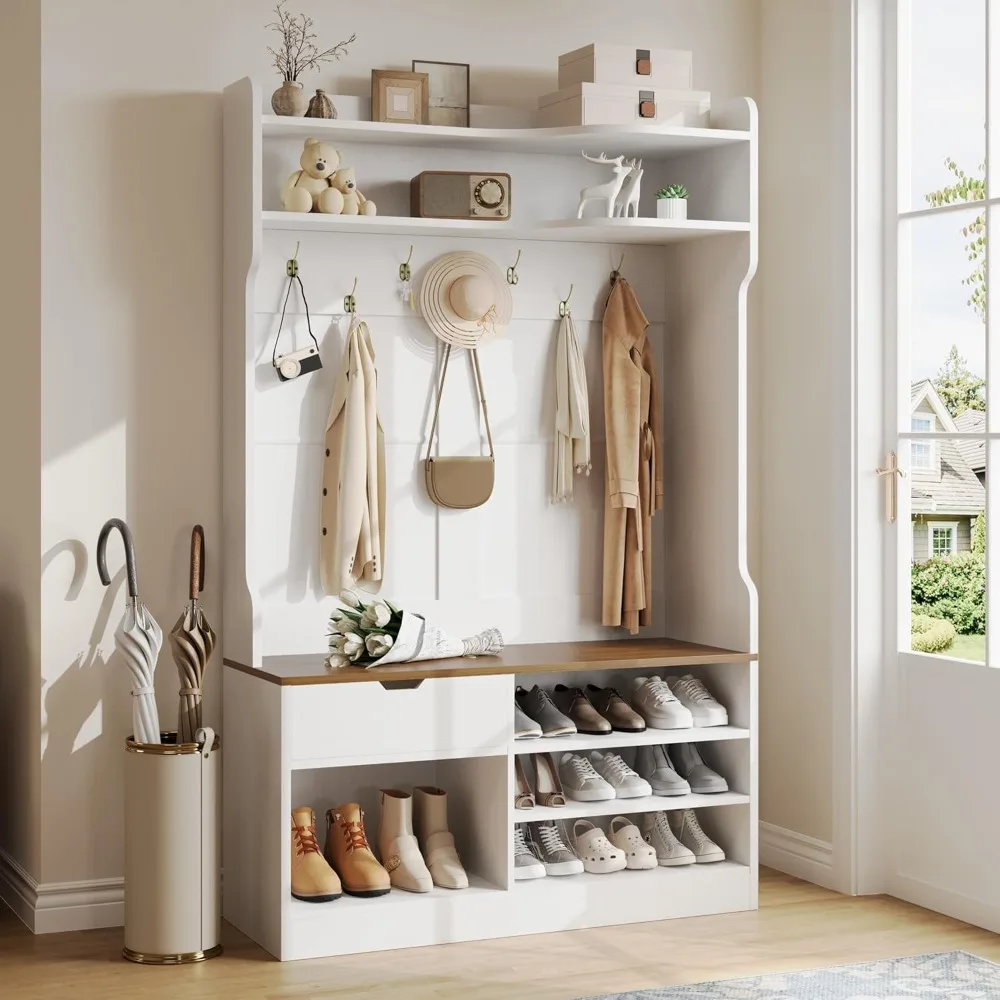 

5 in 1 Hall Tree, Entryway Storage Bench3-Layer Shoe Cabinet & 7 Coat Hooks, Separate Drawers, White Embossed Wood Grain