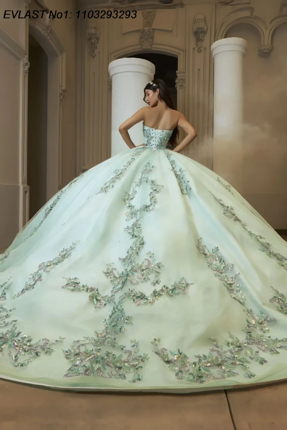 EVLAST personnalisé princesse menthe Quinceanera robe robe De bal paillettes appliques perles Corset doux 16 robes De 15 Anos E1QN739