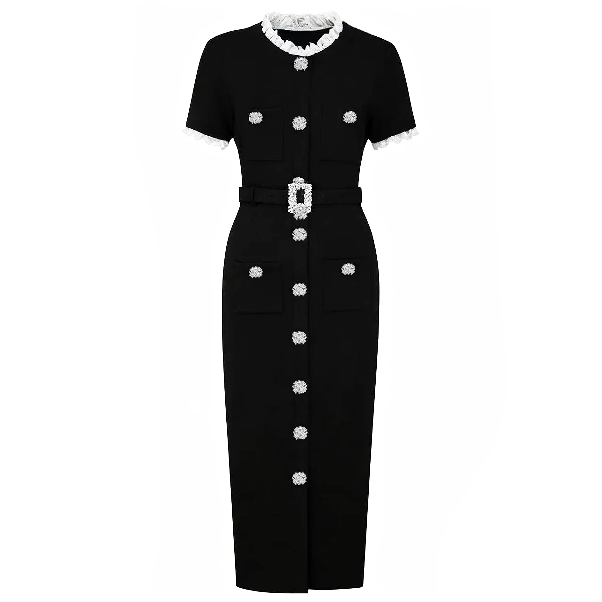 25280 Nuevo vestido de lujo de alta calidad de manga corta con cuello redondo de encaje tejido elástico de felpa cintura delgada vestido de mujer