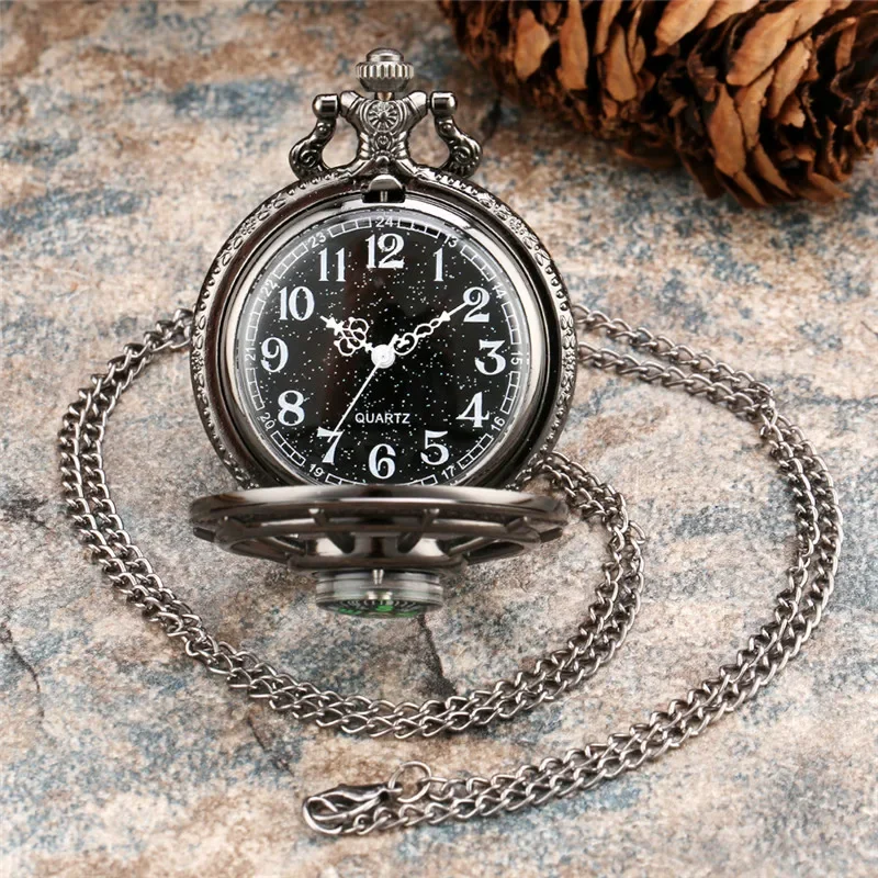 

Vintage Hollow Out Compass Design Half Hunter Analog Quartz Pocket Watch for Men Women Starry Dial Pendant Necklace Chain Gift