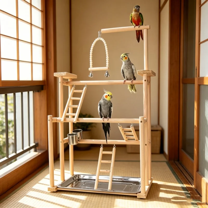 Papageien-Spielplatz Trainingsstation mit Schaukel und Kletterleiter Interaktives Vogelspielzeug Haustier-Übungszubehör