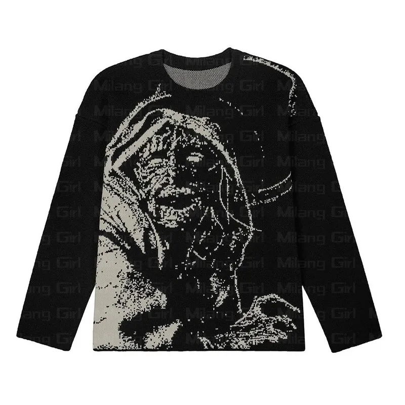 Gothic Hip Hop Oversized Sweater Tops Mens Women's Knitted Vintage Harajuku Portraits pritn Cotton Pullover autumn Streetwear 