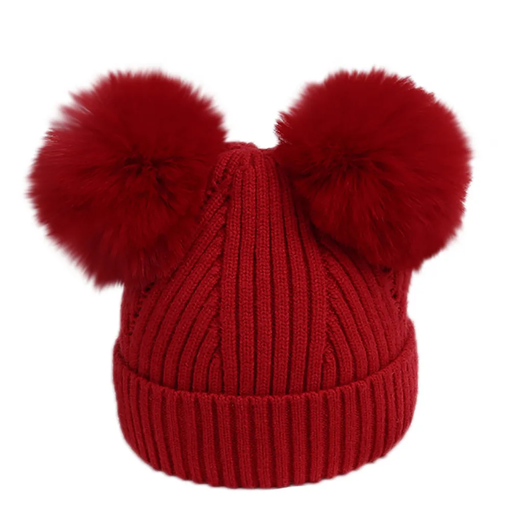 Faux Fur Pompom Baby Hat Solid Color Knitting Autumn Winter Newborn Infant Beanie Cap Toddler Warm Crochet Girls Boys Hats