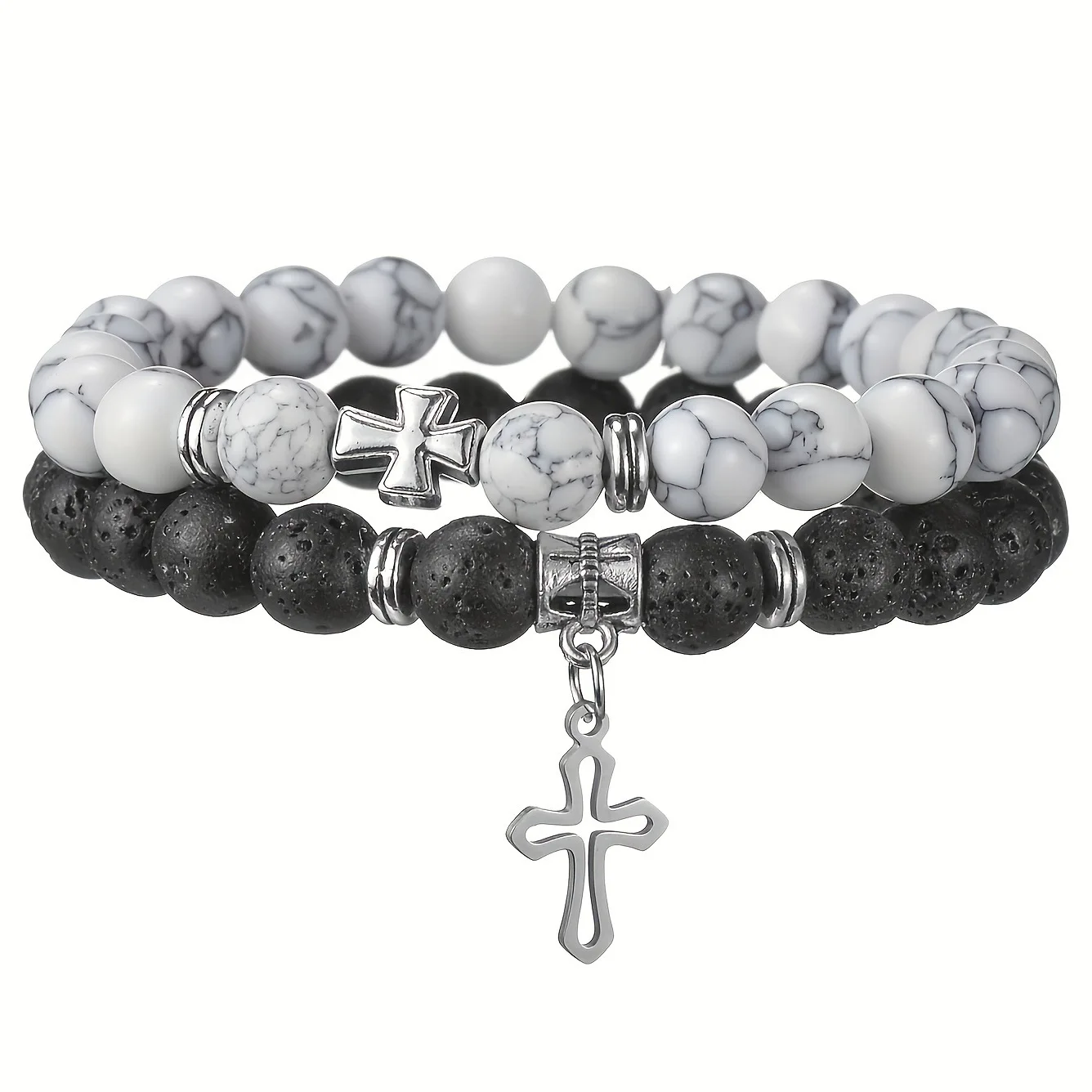 2pcs Set Trendy Nature Stone Cross Beaded Bracelets For Men Vintage White Turquoise Volcanic Stone Men’s Beaded Bracelets Gifts