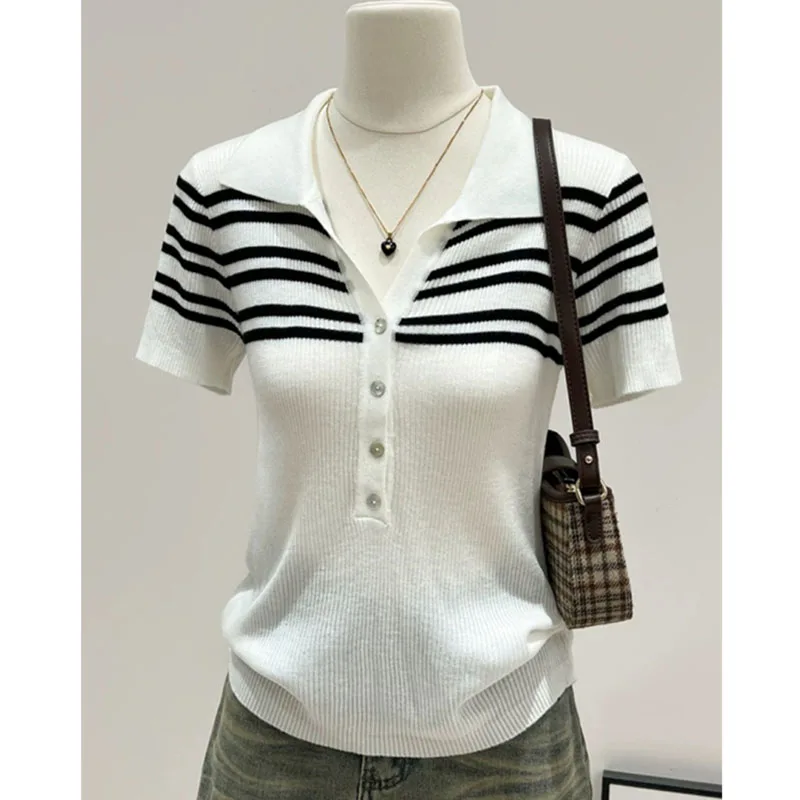 Elastic Striped Tshirts For Women Summer Casual V Neck Short Sleeve T Shirt Korean Style Sexy Slim Tees Thin Knitted Tops Female