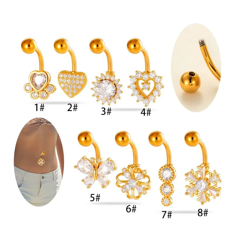 CZ Zircon flocon de neige 14G en acier inoxydable nombril anneaux vacances nombril haltère Piercing pour femmes Sexy bijoux accessoires