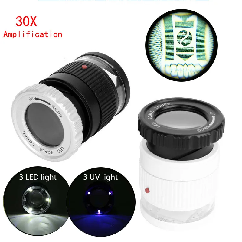 

Jewelry Loupe with 3 LED 3 UV Light Optical Glass Lens Magnification 30x Magnifier for Identifying Stamps Antique Currency