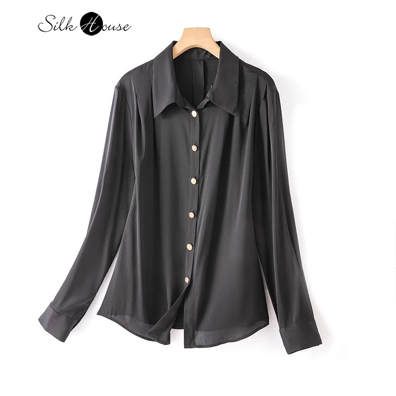 2024 Women's Fashion New 93%Natural Mulberry Silk Elastic Double Qiao Long Sleeved Casual Commuter Simple Solid Versatile Shirt