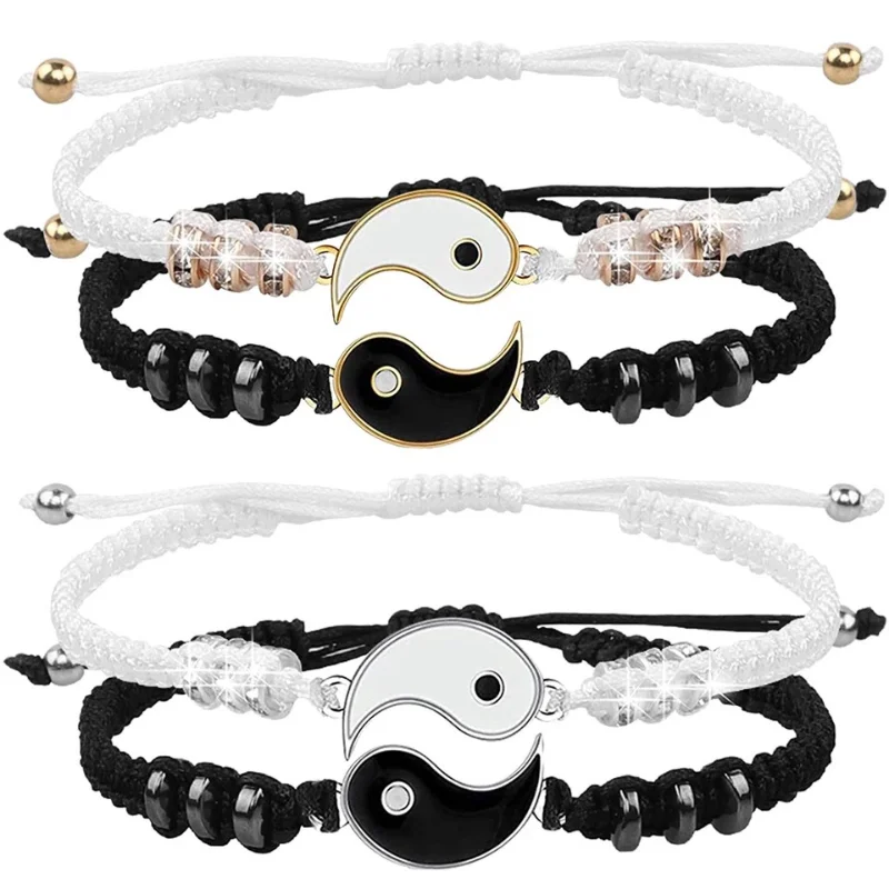 1 set of 2 simple Tai Chi bagua black and white Yin and Yang rope braided telescopic adjustment bracelet for men and women coupl