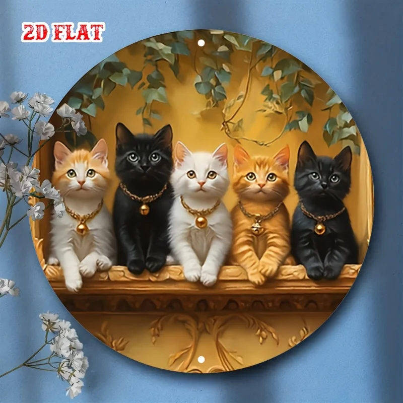 Flat Round Aluminum Cat Sign - Rustic Golden Background Metal Wall Art, Group of Cute Cats with Collars, Frameless Indoor/Outdoo