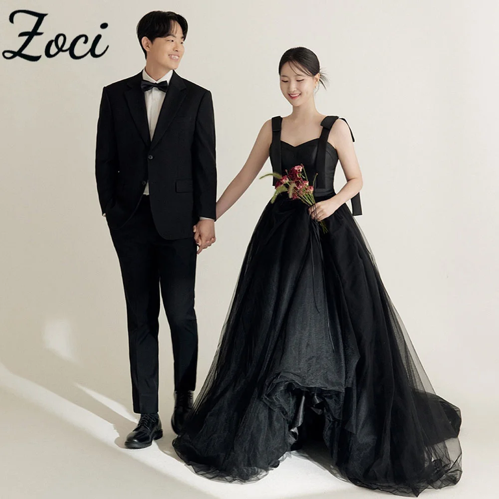 

Zoci Elegant Black High Low Korea Wedding Dresses Sweetheart Wide Straps Draped Tulle Customized A Line Bride Gowns Photos Shoot