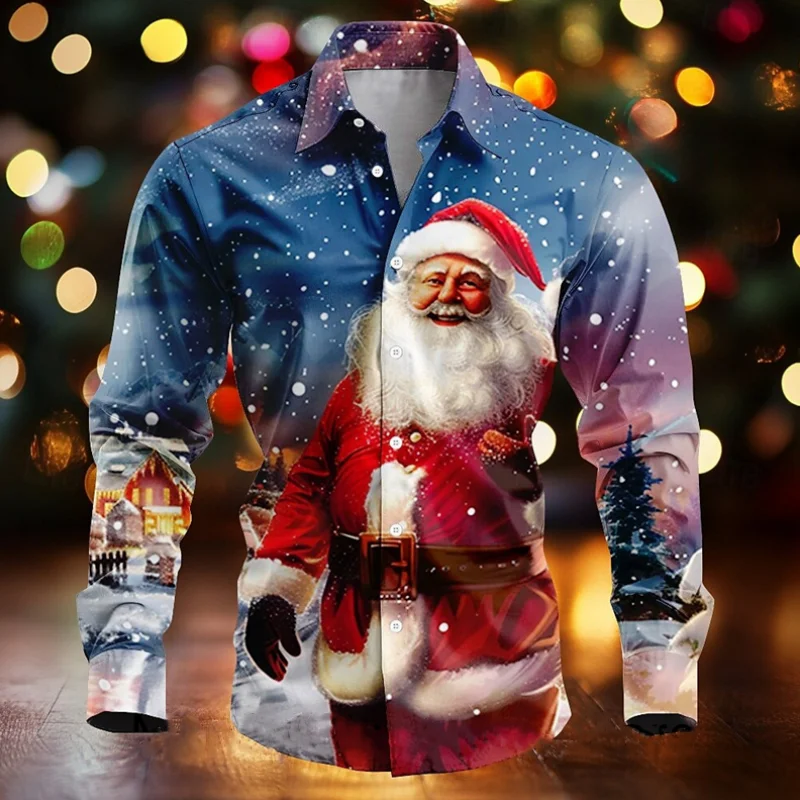 New Year Santa Claus Casual Men's Button Shirts Long Sleeve Party Evening Daily Autumn Winter Spring Summer Lapels Clothing Tops