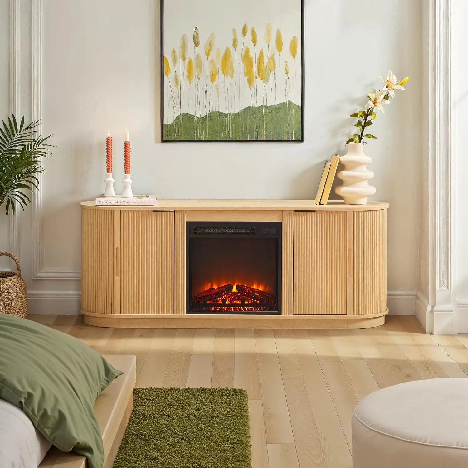 Reeded TV Stand with Fireplace Insert 65