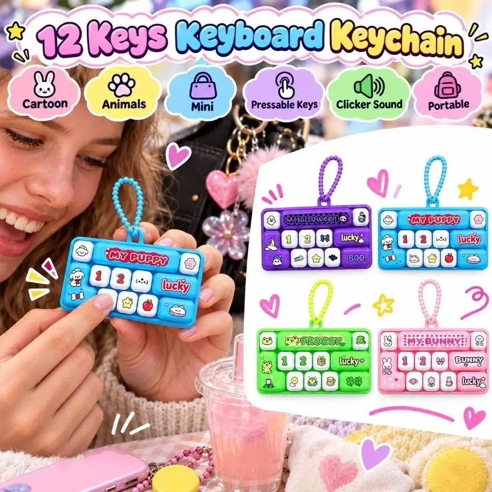 Cartoon 12 Keys Keyboard Keychain Animals Pressable Keys Keyboard Clicker Keychain Mini Relaxed Fingertip Button Keyring
