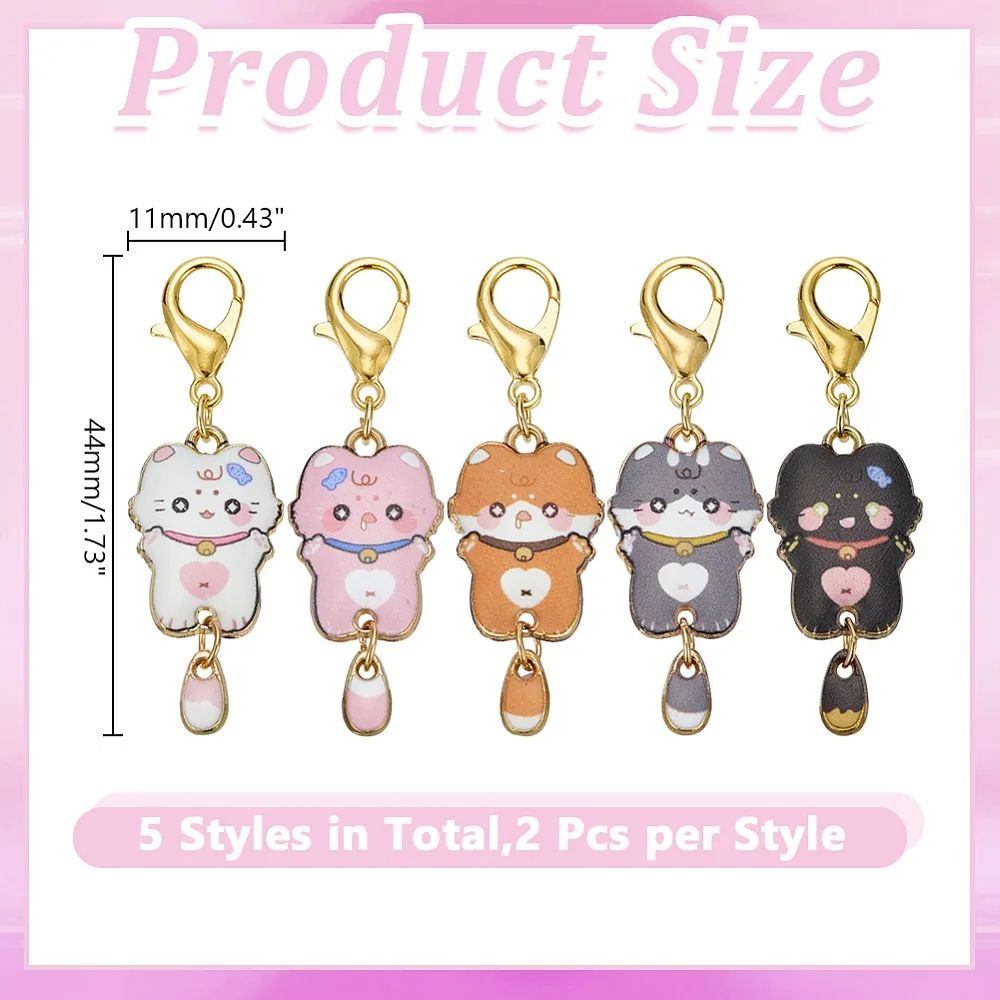 10Pcs 5 Styles Cat Alloy Enamel Pendant Locking Stitch Markers with Alloy Lobster Claw Clasps Mixed Color 4.7cm 2pcs/style