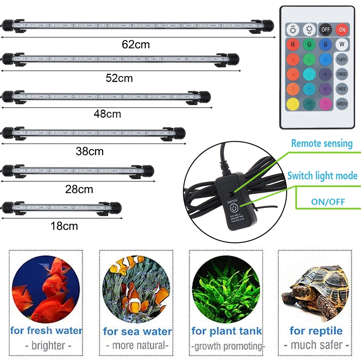 

28CM/ 48CM/ 52CM/ 62CM Aquarium Fish Tank LED Light 5050 SMD RGB Submersible LED Strip Light Waterproof with Remote Control