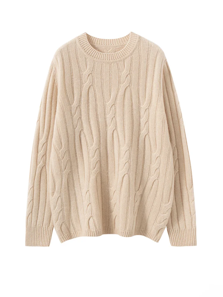 

New High Quality Women 100% Cashmere Sweater Autumn Winter O-Neck Loose Cable Knit Pullover Cashmere Knitwear Soft Casual Style