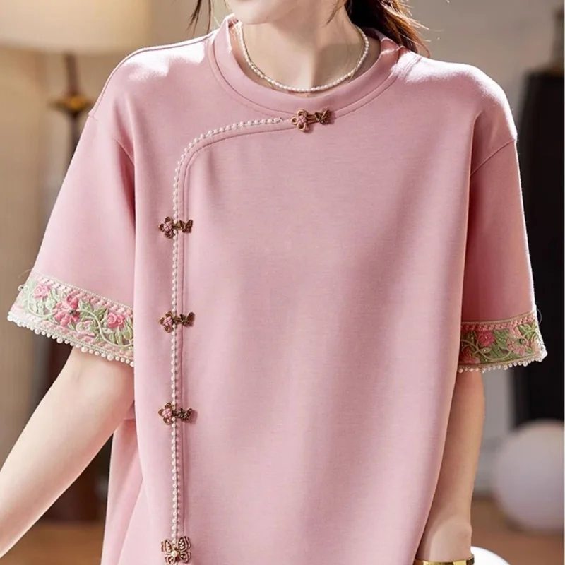 2024 New Chinese Style Solid Color Patchwork Lace Trend Women\'s Clothing Summer Temperament Short Sleeve Straight Pink Blouses