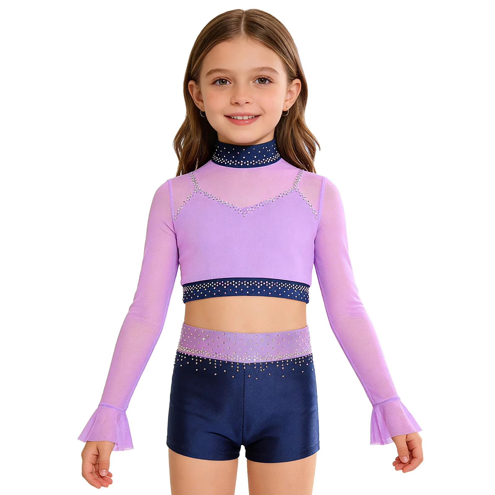 

Kids Girls Ballet Dance Tops Long Flared Sleeves Crop Top Gymnastics Figure Ice Skating Dance Performance Competition Costume