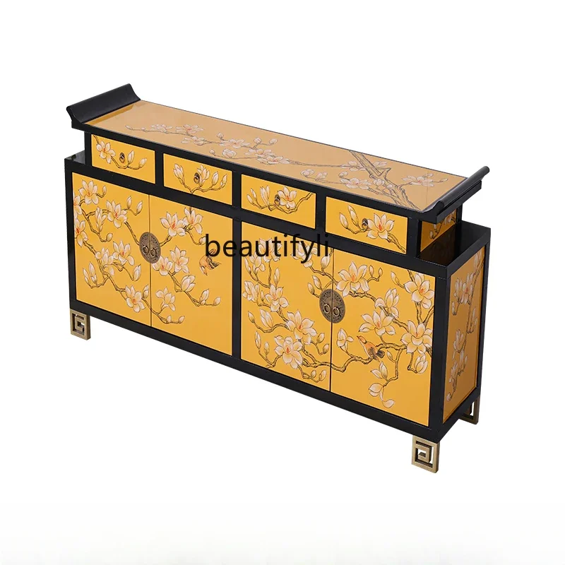 

New Chinese Style Light Luxury Home Entrance Cabinet Solid Wood Living Room Hallway Wall Decoration Sideboard Cabinet