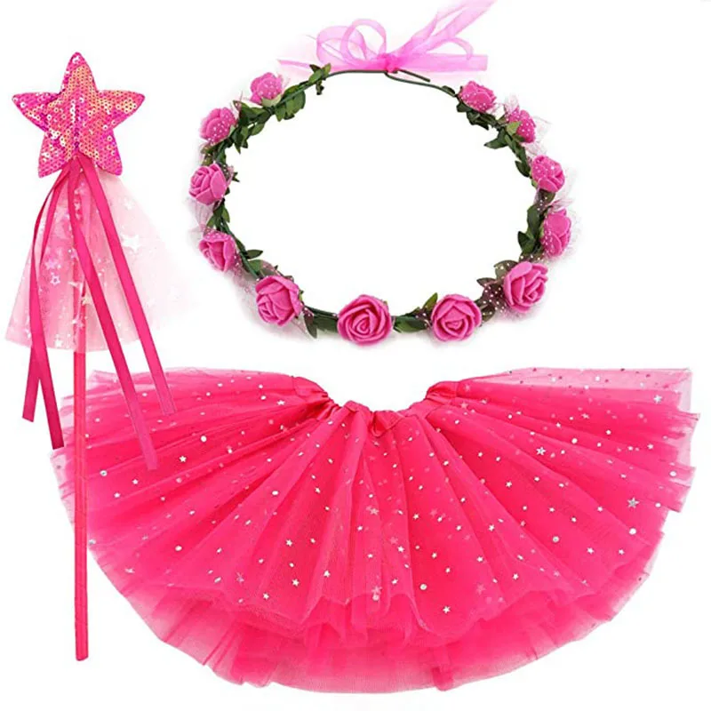 女の子プリンセス妖精チュチュスカート、フラワークラウンリースヘッドバンド、魔法の杖付き、誕生日パーティーの記念品、コスチューム、コスプレ、ハロウィン