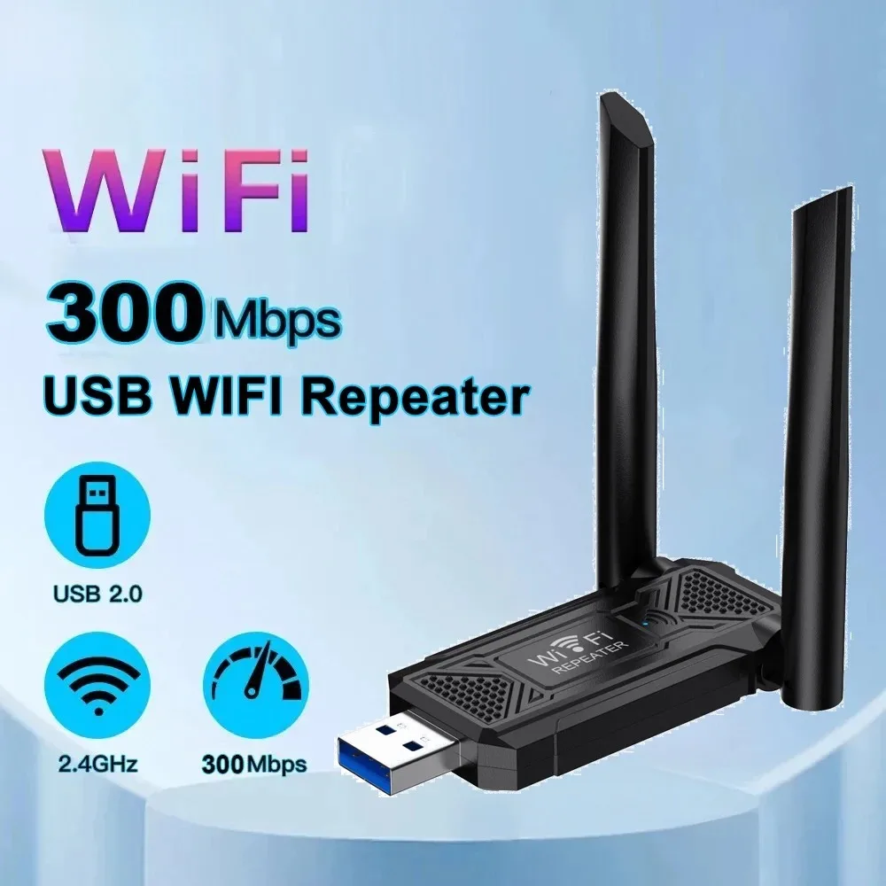 

300Mbps USB Wireless WIFI Repeater 2 Antena 2.4G WiFi Range Extender Wi-Fi Signal Amplifier 802.11N Network Card Adapter for PC