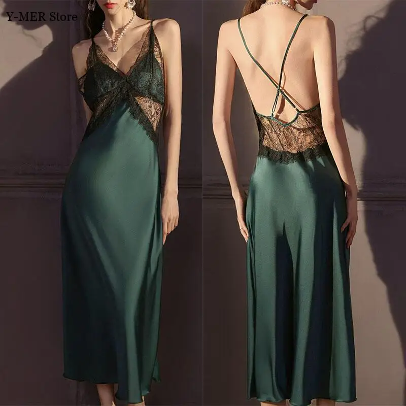

Backless Lace Nightdress Chemise Sleepwear Long Home Dressing Gown Women Satin 2Pcs Robe Gown Long Kimono Bathrobe Pajamas