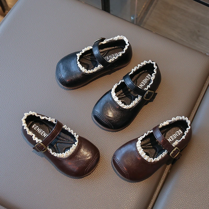 

Spring Autumn Children's Leather Shoes New Simple Toddlers Ballet Girls Fashion Shoes Wine Red Versatile Ruffled Edge Kids Flats