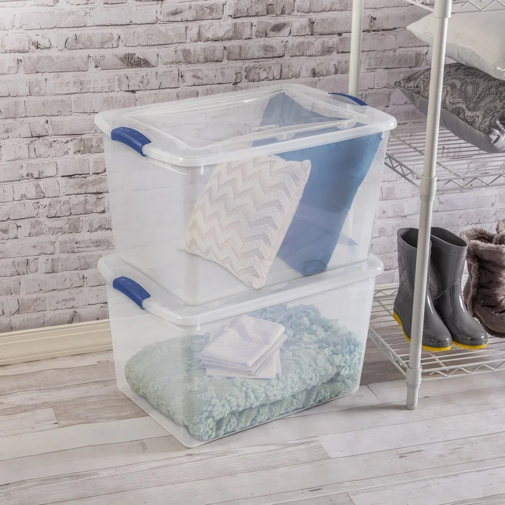 

66 Quart Clear Storage Bins with Latch Lid Blue Stackable Plastic Containers 6 Pack Ideal Organizing Clothing and Supplies