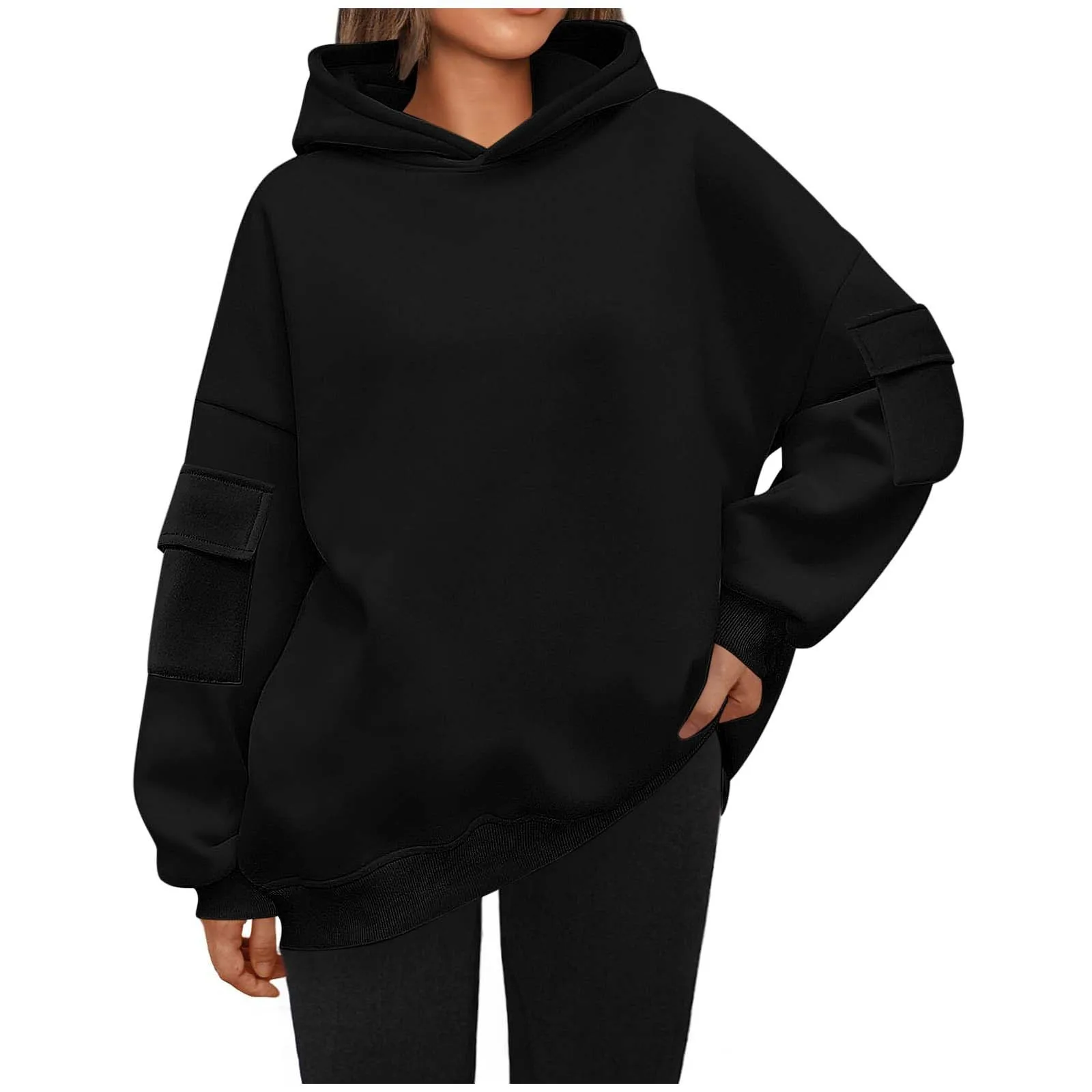 Autumn Winter New Y2k Women\'S Sweatshirts Hooded Long Pocket Sleeve Harajuku Hoodie Soft Normcore Black Plain Blouse Clothes