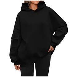 Autumn Winter New Y2k Women'S Sweatshirts Hooded Long Pocket Sleeve Harajuku Hoodie Soft Normcore Black Plain Blouse Clothes