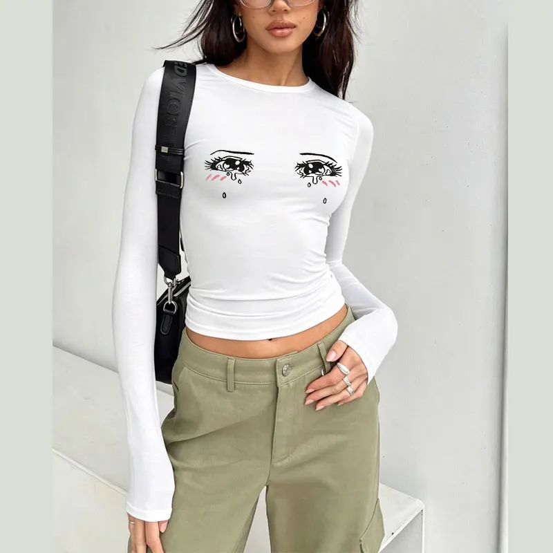 Anime-Inspired Crying Eye Print Spring Autumn Women T-Shirt Causal Long Sleeve Crop Tops O Neck Pullovers Tees Slim Fit T Shirt