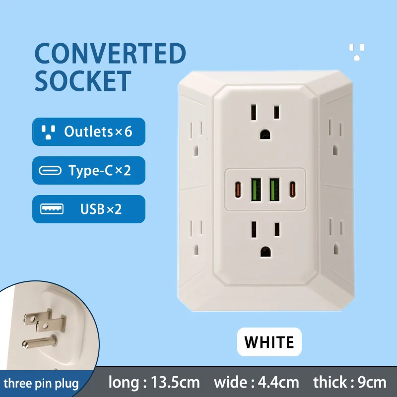 US Multi Socket Wall Socket with 6 AC Outlets 2 USB Port(2 Type C), Universal Plug Power Strip Network Filter Fast Charging - view 2