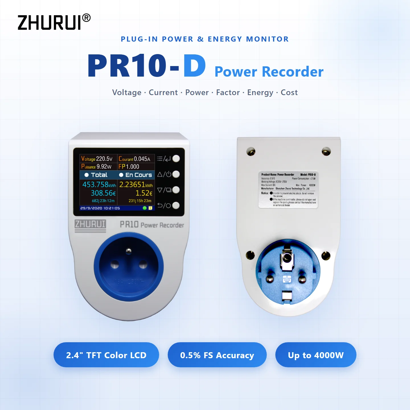ZHURUI PR10-D Socket Power Meter French G Plug Energy Measurement Alarm Timing 0.1-4000W Meteric Electrical Device