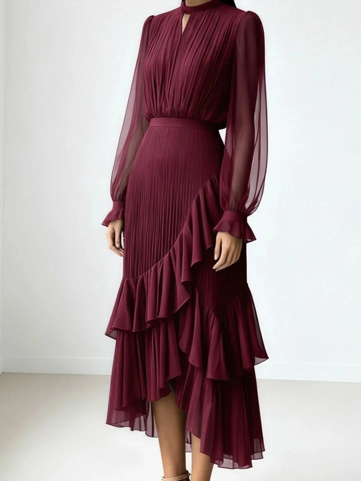 

Casual O-neck Ruffles High Waist Evening Dress Temperament Solid Color Lantern Sleeve Lady Dress Elegant Hollow Out Party Dress