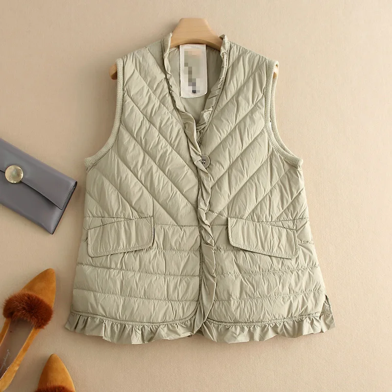 

Hot Sale 2023 New Winter Ultra Light Thin Duck Down Vest Women Quilted Short Warm VintageLace Waistcoat Fluffy Sleeveless Gilet