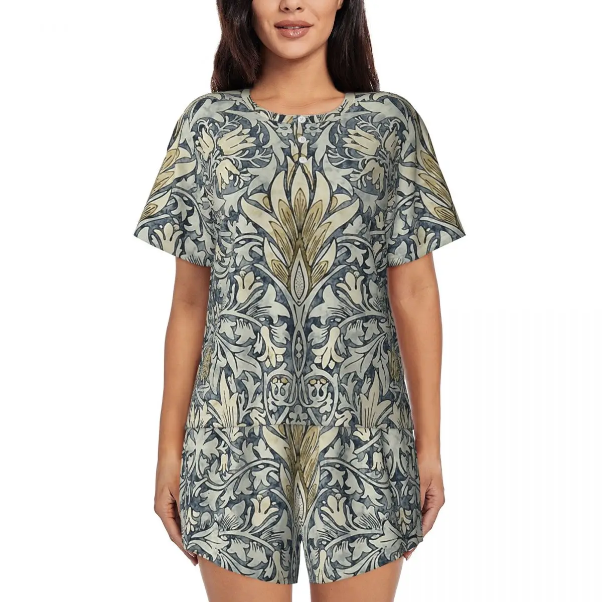 

William Morris Snakeshead Pattern Round Neck Short Sleeves Nightdress for Sleeping Sleepshirts Women Soft Pajama Set Short Pants