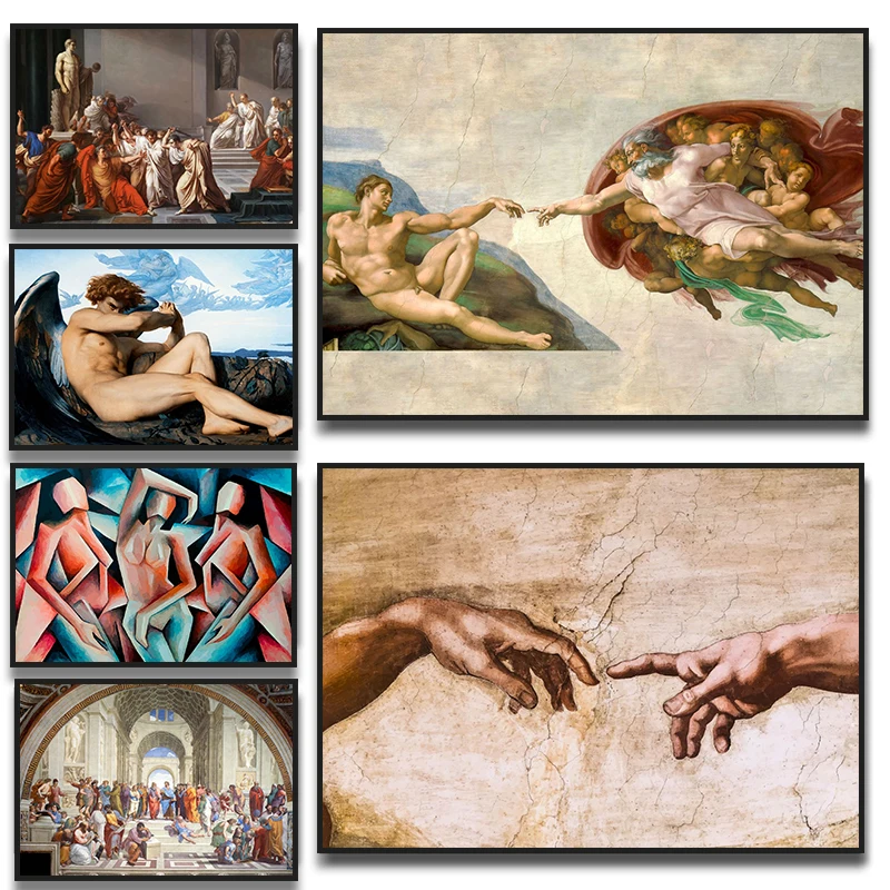 The Creation of Adam By Michelangelo Fallen Angel Canvas Painting Posters Prints Wall Art Pictures Living Room Home Decor