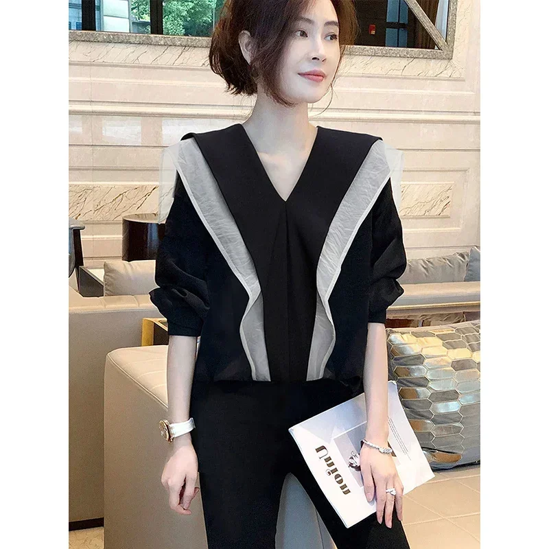 

Fashion V-Neck Spliced Folds Ruffles Blouses Women's Clothing 2023 Autumn Winter Loose Office Lady Pullovers Casual Shirts