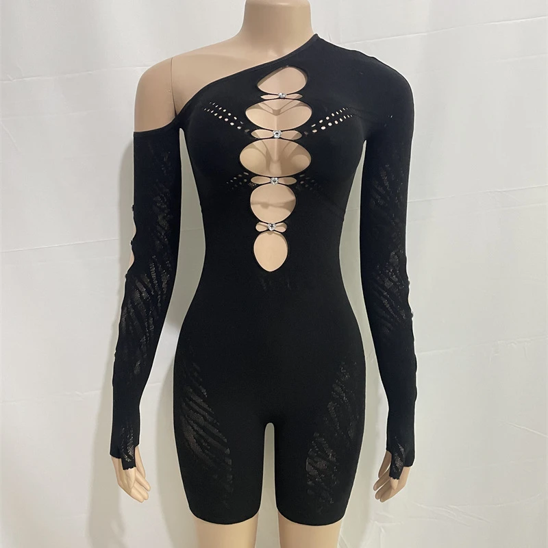 المرأة محبوك الجوف خارج الماس Bodycon السروال القصير ، مائل الكتف ، كم طويل ، عالية الخصر ، نحيل Playsuit ، نادي ملابس الحفلات ، الخريف