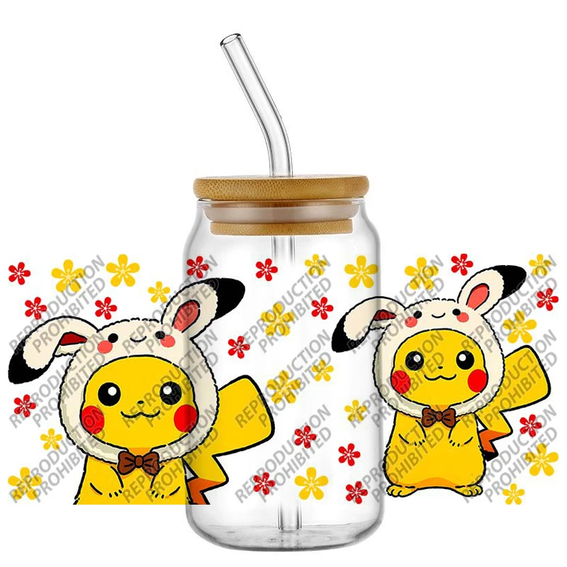 

Japanese Cartoon Pikachu films Waterproof DIY Decals 3D Transfers Stickers 16oz UV DTF for Glasses cup Wraps