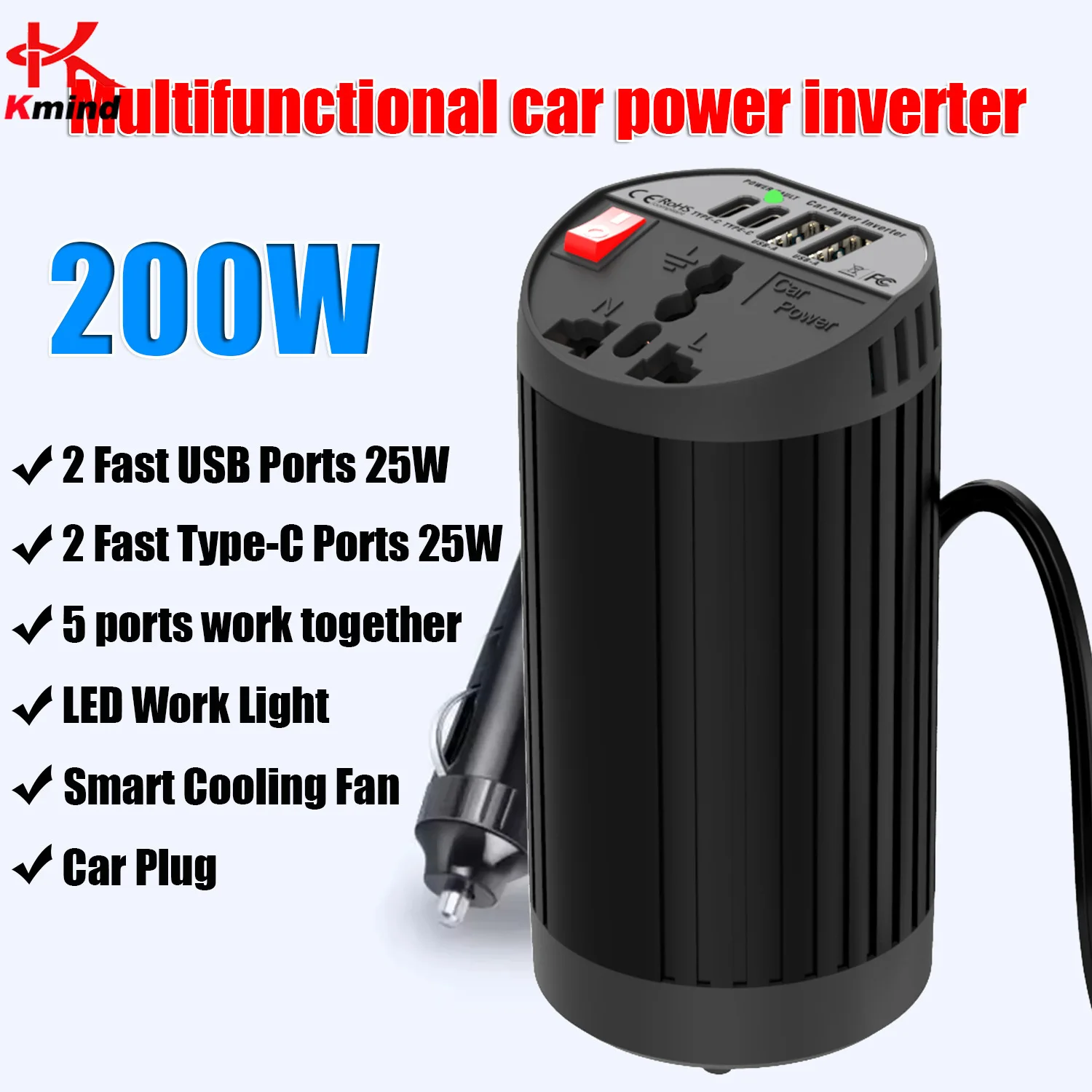 Car Power Inverter 200W Peak 400W 12V To 220V 110V Converter DC to AC Transformer Intelligent USB Fast Charging TypeC for Auto